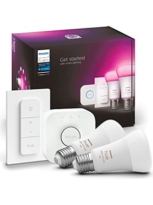 MarkEntegra Philips Hue Akıllı Aydınlatma LED Ampul Başlangıç Kiti, 2'li E27 Ampul , Köprü ve Dimmer Set, Beyaz ve Renkli