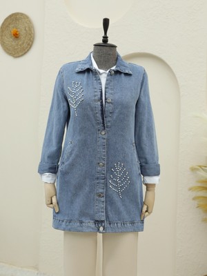 Modamorfo Yaprak Taş Detaylı Kot Ceket -Buz Mavi