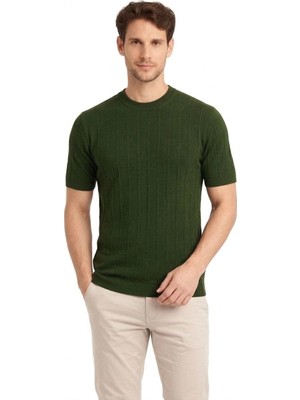 MiraLive Erkek Yazlık Fitilli Triko Tişört Kısa Kol Bisiklet Yaka T-Shirt - Haki