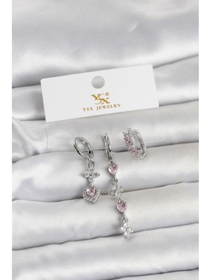 MiraLive Pirinç Gümüş Renk Pembe Zirkon Taşlı 3'lü Kadın Küpe - TJ-BKP11706