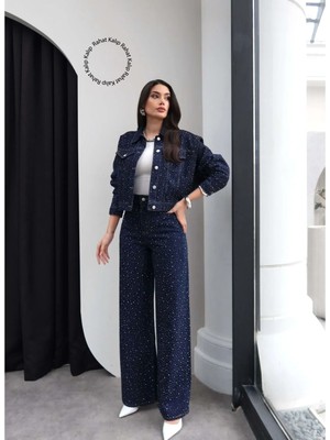 Esra Helvacı Denim Ikili Takım Kadın Taş Baskılı Lacivert Renk Özel Olay için Şık Seçim