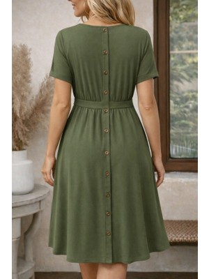 Arben Boutique Kadın Kısa Kollu Yuvarlak Yaka Arkadan Düğmeli Viskon Midi Elbise