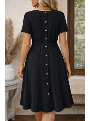 Sun & North Sun&north Kadın Kısa Kollu Yuvarlak Yaka Arkadan Düğmeli Viskon Midi Elbise