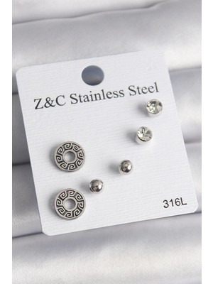 MiraLive Mey Ithalat® 316L Çelik Gümüş Renk Zirkon Taşlı Labirent Model Kadın Küpe Seti