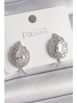 MiraLive Mey Ithalat® Pirinç Gümüş Renk Zirkon Taşlı Yaprak Model Kadın Küpe