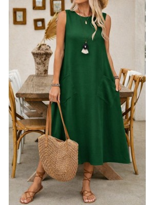 Sun & North Sun&north Kadın Askılı Yuvarlak Yakalı Kıloş Cepli Uzun Elbise