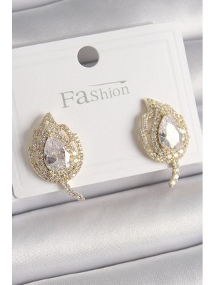 MiraLive Mey Ithalat® Pirinç Gold Renk Zirkon Taşlı Yaprak Model Kadın Küpe