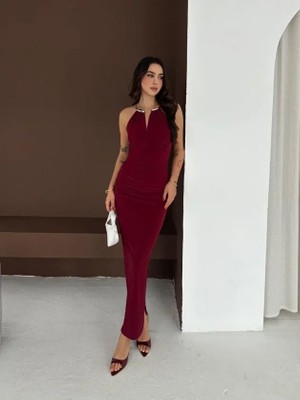 Pusula Sepeti Uzun Abiye Elbise Yırtmaçlı Sırt Dekolteli Şık Gece Elbisesi - Bordo
