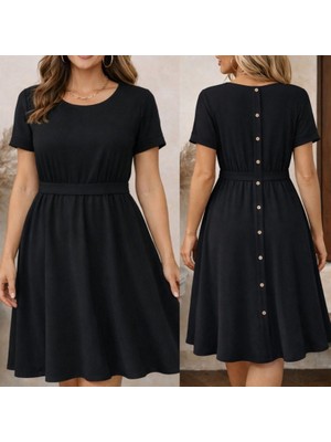 Mericline Kadın Kısa Kollu Yuvarlak Yaka Arkadan Düğmeli Viskon Midi Elbise