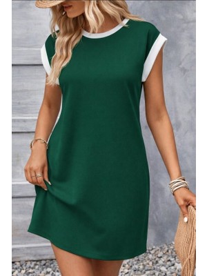 Arben Boutique Kadın Kısa Kollu Yuvarlak Yakalı Kontrast Manset Detaylı Kısa Janjan Krep Elbise