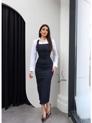 Esra Helvacı Kare Yaka Kalın Askılı Denim Elbise