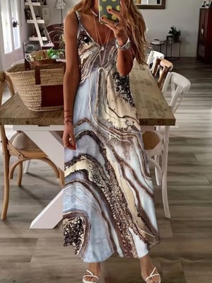 Arben Boutique Kadın Askılı V Yakalı Desenlı Uzun Süprem Elbise