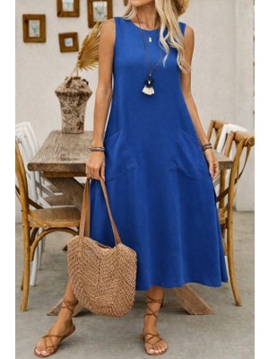 Arben Boutique Kadın Askılı Yuvarlak Yakalı Kıloş Cepli Uzun Elbise