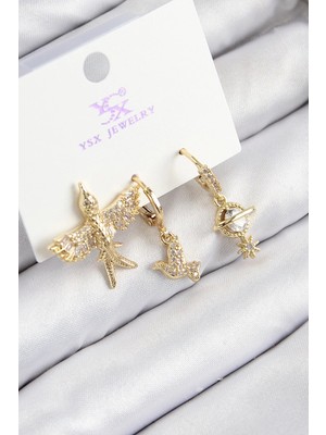 MiraLive Mey Ithalat® Pirinç Zirkon Taşlı 3'lü Kuş Model Gold Renk Kadın Küpe
