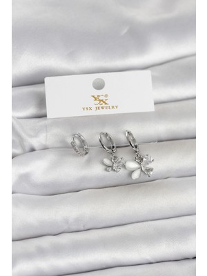 MiraLive Mey Ithalat® Pirinç Gümüş Renk Kelebek Model 3'lü Kadın Küpe