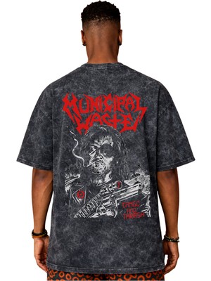 Sevbano Tasarım Municipal Waste Rock Metal Müzik Grubu Sırt Baskılı Unisex Oversize Vintage Yıkamalı Tişört