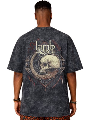 Sevbano Tasarım Lamb Of God Rock Metal Müzik Grubu Sırt Baskılı Unisex Oversize Eskitme Yıkamalı Tişört