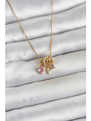 tp Buğz 316L Çelik Gold Pembe Zirkon Taşlı Charmlı Kadın Kolye