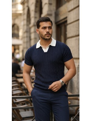 Passense Erkek Desenli Kısa Kollu Triko Tişört - %100 Pamuk Akrilik