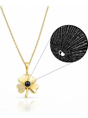 Modahilye 925 Ayar Gümüş 100 Dilde Seni Seviyorum Yazılı Altın Kaplama Sarı Renk Yonca Şans Kolyesi