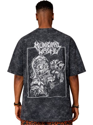 Sevbano Tasarım Municipal Waste Rock Metal Müzik Grubu Sırt Baskılı Unisex Oversize Eskitme Yıkamalı Tişört