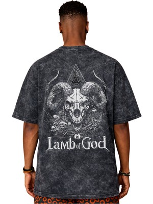 Sevbano Tasarım Lamb Of God Rock Metal Müzik Grubu Sırt Baskılı Unisex Oversize Eskitme Yıkamalı Tişört