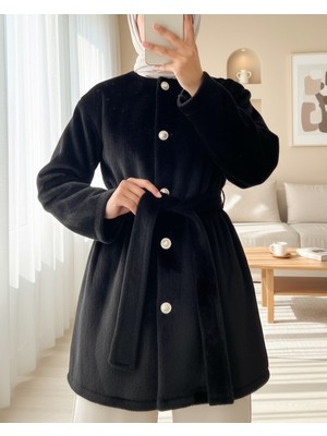 Modamorfo Düğmeli Beli Bağlamalı Kürklü Ceket -Siyah