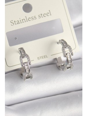 MiraLive Mey Ithalat® Pirinç Gümüş Renk Zirkon Taşlı Zincir Model Kadın Küpe