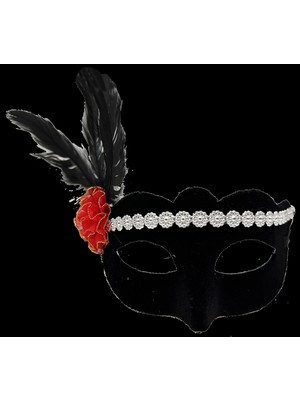 MiraLive Gümüş Dantelli Kırmızı Gül Tasarımlı Parti Maskesi