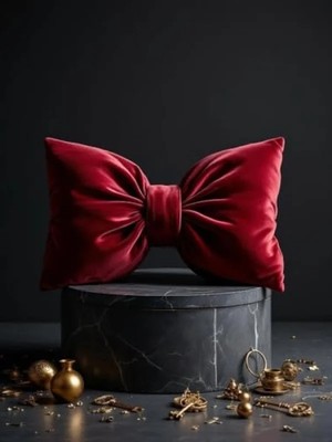 Calperia Noel Temalı Kadife Fiyonk Görünümlü Dekoratif Kırlent, Bordo 35 x 50 cm