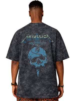 Sevbano Tasarım Metallica Rock Metal Müzik Grubu Sırt Baskılı Unisex Oversize Eskitme Yıkamalı Tişört