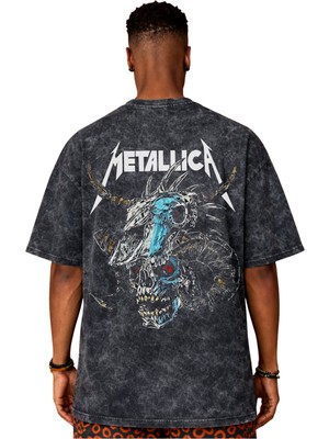 Sevbano Tasarım Metallica Rock Metal Müzik Grubu Sırt Baskılı Unisex Oversize Eskitme Yıkamalı Tişört
