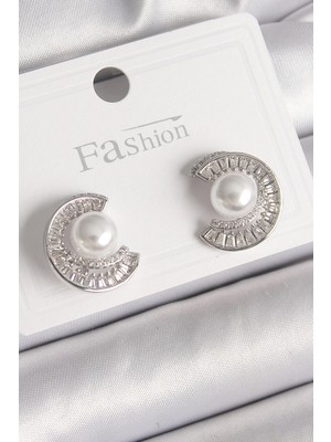 MiraLive Mey Ithalat® Pirinç Gümüş Renk Zirkon Taşlı Salyangoz Model Inci Detay Kadın Küpe