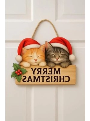 Calperia Ahşap Yılbaşı Kapı Süsü, Sevimli Kedili Tasarım (30X18 Cm)