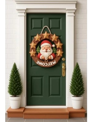 Calperia Ahşap Yuvarlak Yıldızlı Noel Kapı Süsü (23 Cm)