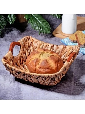 Calperia Bezli Kapaklı Ahşap Kulplu Şık Hasır Ekmek Sepeti