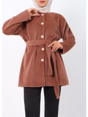 Modamorfo Düğmeli Beli Bağlamalı Kürklü Ceket -Kahve