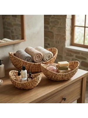 Calperia 3'lü Hasır Kayık Sepet Seti, Doğal Örgü Tasarım