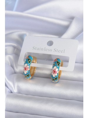 MiraLive Mey Ithalat® Pirinç Gold Renk Mavi Çiçek Işleme Detay Kadın Küpe