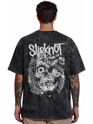 Sevbano Tasarım Slipknot Rock Metal Müzik Grubu Sırt Baskılı Unisex Oversize Eskitme Yıkamalı Tişört