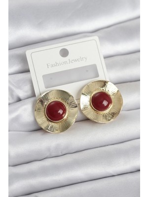 MiraLive Mey Ithalat® Vintage Model Bordo Gold Renk Pirinç Kadın Küpe