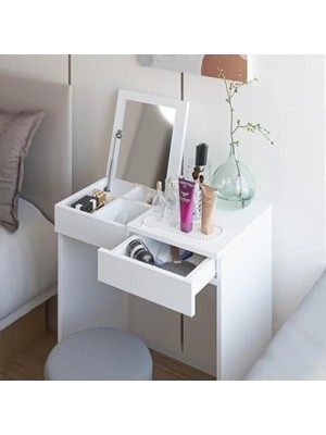 Calperia Aynalı Makyaj Masası - 2 Çekmeceli - Beyaz - 70X42 cm