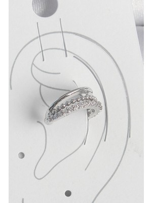 MiraLive Mey Ithalat® Pirinç Gümüş Renk Zirkon Taşlı 3'lü Sıralı Kadın Kıkırdak Küpe