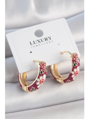 MiraLive Mey Ithalat® Pirinç Gold Renk Halka Mor Çiçek Mineli Kadın Küpe