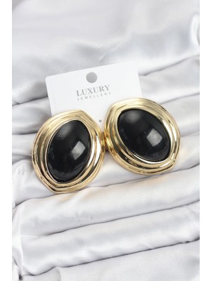 MiraLive Mey Ithalat® Pirinç Siyah Badem Model Vintage Gold Kadın Küpe