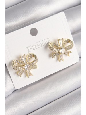 MiraLive Mey Ithalat® Pirinç Gold Renk Zirkon Taşlı Fiyonk Model Kadın Küpe