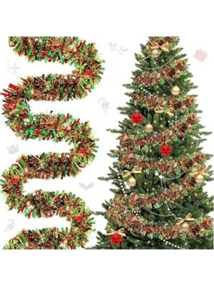 Calperia Metalik Yılbaşı Püskül Çelenk - 1.7m Parlak Süsleme (Kırmızı ve Yeşil)