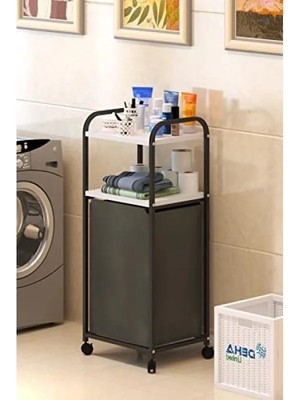 Calperia 2 Raflı Frenli Tekerlekli Çamaşır Sepeti - Beyaz