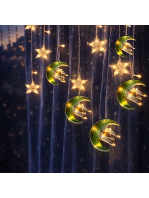 MiraLive 3 mt Fişli Yeşil Hilal Cami Yıldız Ramazan Perde LED