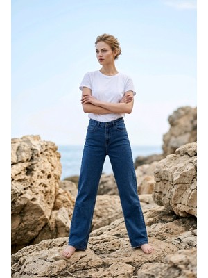 Hies Bol Paça Palazzo Likralı Kadın Jeans Mavi Pantolon - Yeni Sezon